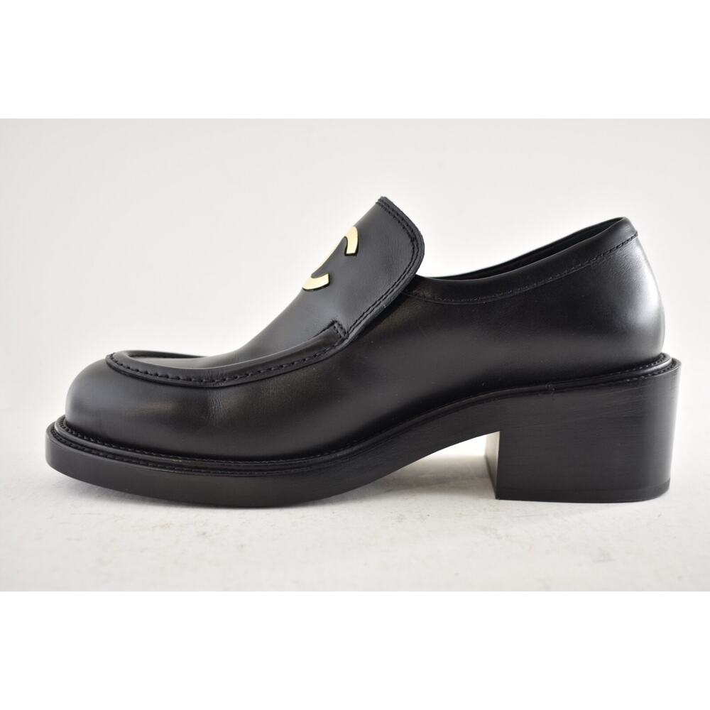 Chanel 55mm Black Calfskin Leather CC Gold Logo Block Heel Platform Loafer 39 - Picture 15 of 16